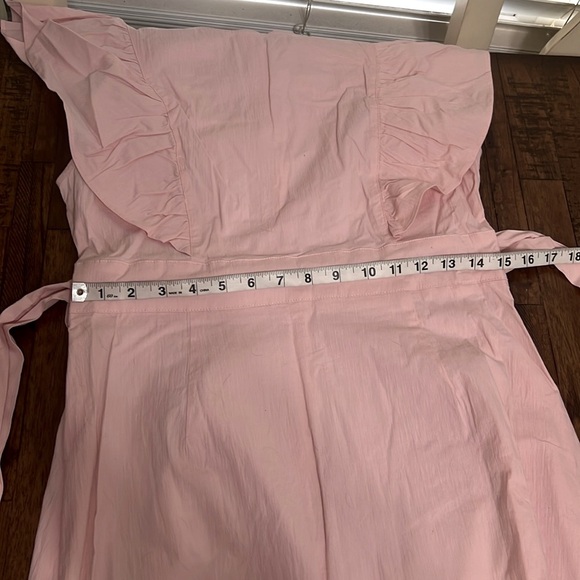 Elegant pale Pink Ruffle Dress Midi Exaggerated short ruffle sleeves tier hem L - Picture 9 of 16